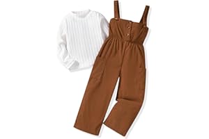 HINTINA Toddler Girl Cloth Long Sleeve Tee Corduroy Button Down Pinafore Overall Jumpsuit 2 Pieces Outfits