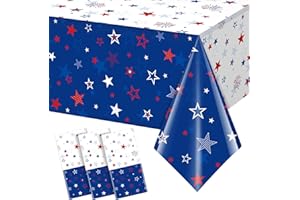 JECTIVS 3 Pack Patriotic Tablecloth Decorations for 4th of July Independence Day, Plastic Memorial Day Table Cover Printed with Stars and Fireworks for Patriotic Themed Party Supplies, 54 x 108 Inch