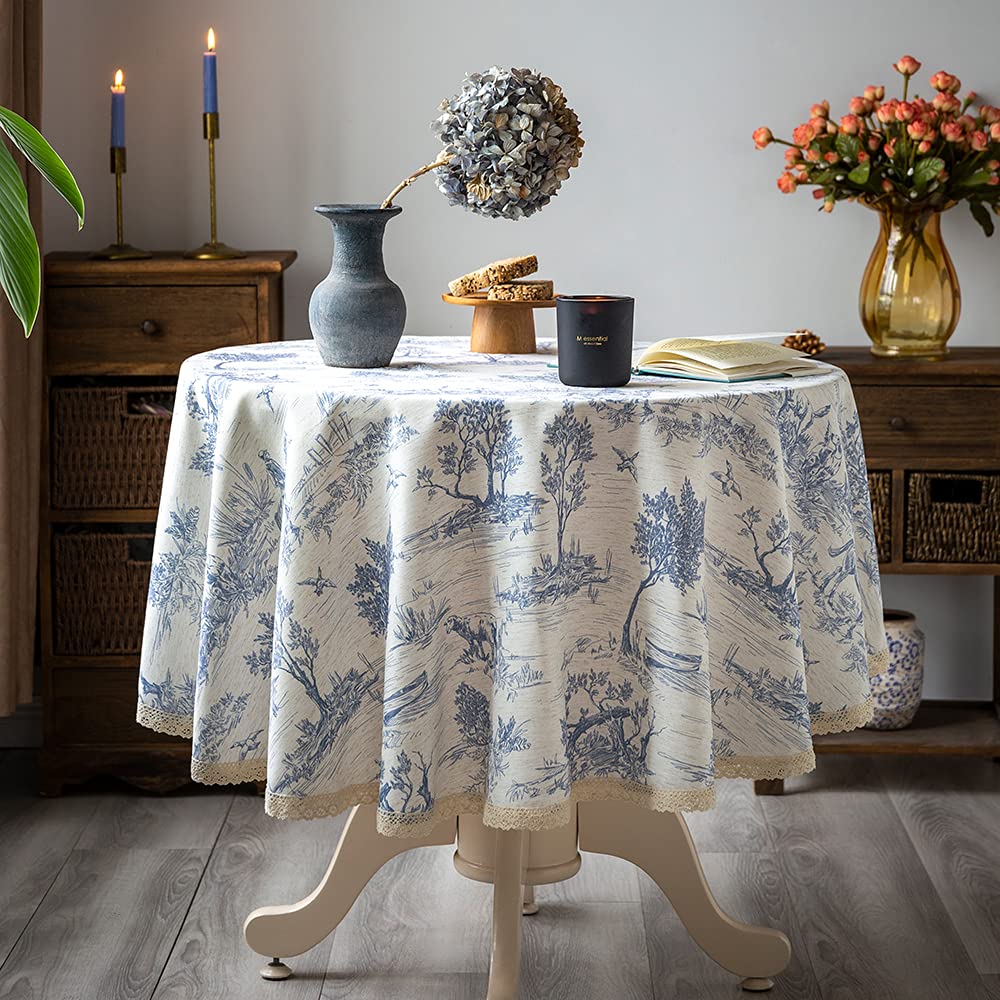 Glory Season Rustic Tablecloth Classic French Village Printed Linen Fabric Table Cover Farmhouse Decoration 60 Inches Round Blue for Kitchen Dining