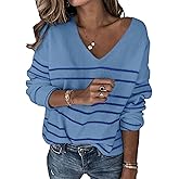 Libsorge Women's Oversized V Neck Cute Striped Sweaters Fall 2025 Lightweight Cozy Ribbed Knit Long Sleeve Pullover Sweater