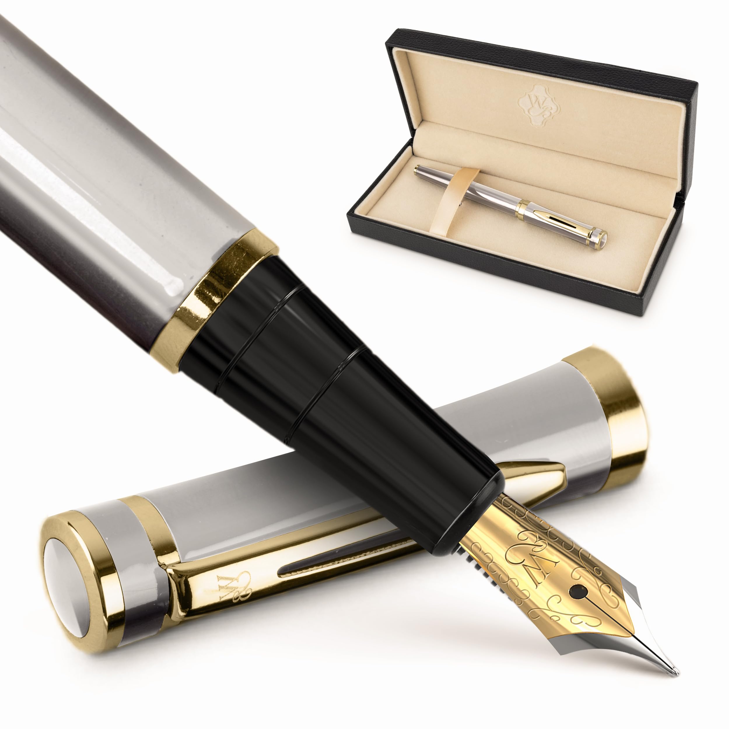Wordsworth & Black Fountain Pen Set, 18K Gilded Broad Nib, Includes 24 Pack Ink Cartridges, Ink Refill Converter & Gift Box, Gold Finish, Calligraphy, [Silver Gold], Perfect for Men & Women — image 1
