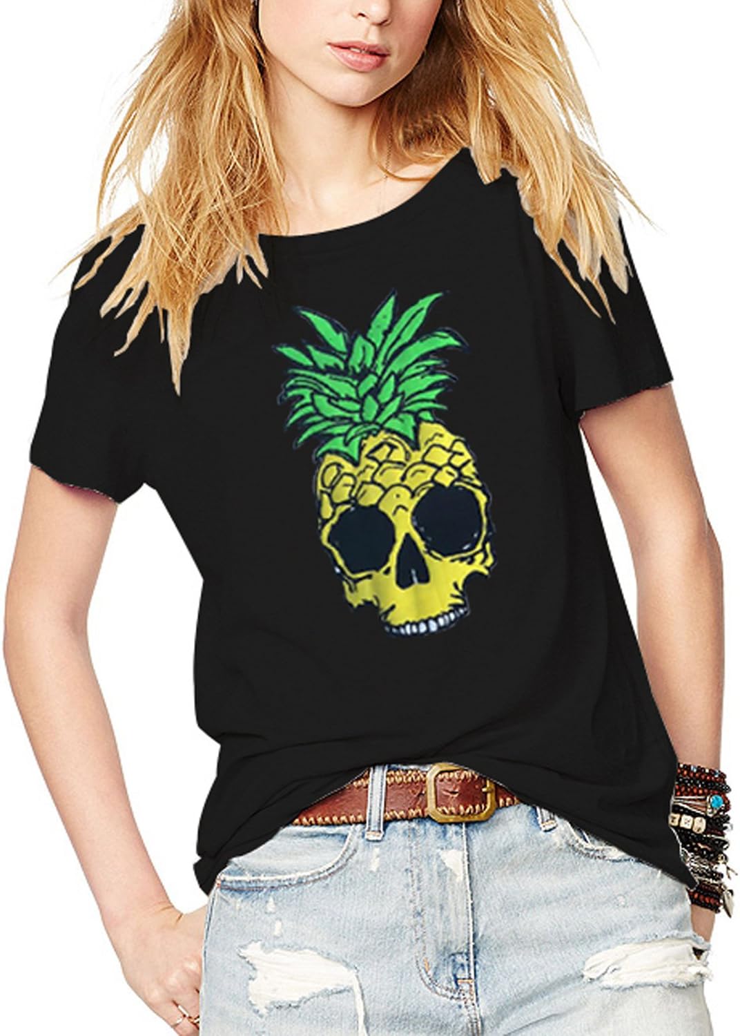 Tulucky Women's Casual Tee Shirts Pineapple Skull Cami Tank Tops(Black,XXL)