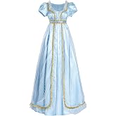 LTAKK Regency Dress Women Victorian Costume Empire Waist Gown | Puff Sleeves, Gold-Tone Trim, Jane Austen Dresses with Sash for Bridemaid Outfit, Tea party, Pride and Prejudice Attire