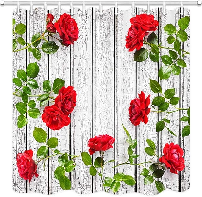 /N Romantisches Blumenduschvorhang, rote Rosenblüten auf rustikalem