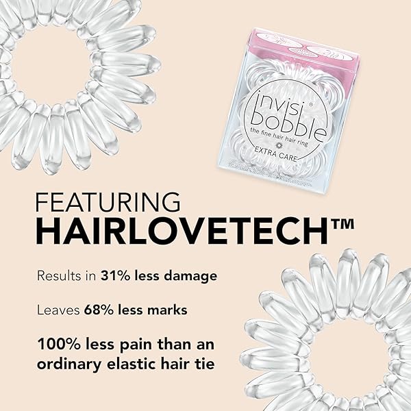 INVISIBOBBLE EXTRA CARE TRACELESS SPIRAL HAIR TIES – PACK OF 3 CRYSTAL CLEAR – STRONG ELASTIC GRIP COIL HAIR ACCESSORIES FOR WOMEN – NO KINK – GENTLE FOR GIRLS TEENS TODDLERS AND FINE HAIR