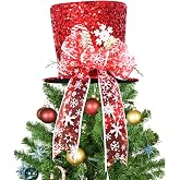 Christmas Tree Topper Hat, 2025 Red Candy Cane Bow Christmas Tree Top Toppers with 6.5ft Ribbon Light, Shiny Xmas Santa Tree Toppers Christmas Decorations for Holiday Decor