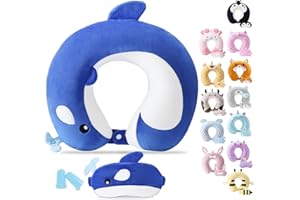 Cirorld Travel Pillow for Kids Adult Cute Neck Pillow for Traveling Memory Foam Airplane Pillow Sleep Mask Animal Flight Pillow Head Rest Neck Support for Cars Long Flights (Whale, 9-12 Y/O)