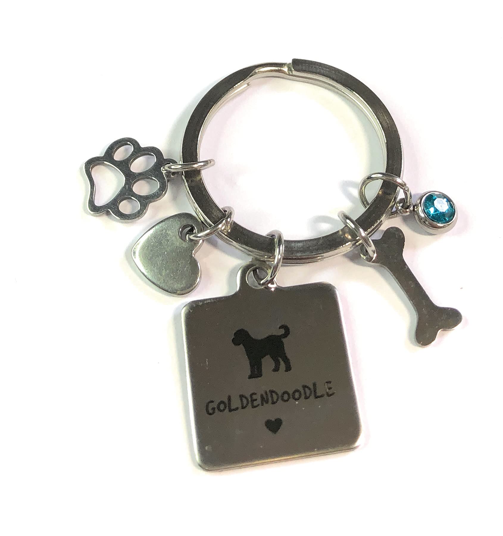 FizzyButton Gifts Goldendoodle Puppy Dog Keyring Key Ring with Turquoise Rhinestone and Stainless Steel Bone, Paw and Heart Charms
