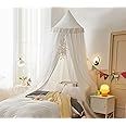 VETHIN Bed Canopy for Kids with Lights,Double Layer Princess Round Dome Children Dreamy Mosquito Net Bedding Girls Room Castle Play Tent Hanging House Decor Reading Nook Canopies(White/White)