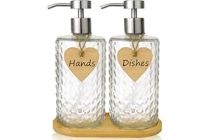Huisilk Glass Soap Dispenser Set with Bamboo Tray - 2 Pack 16 Oz Arrow Embossed Refillable Bottles with Silver Rustproof Stai