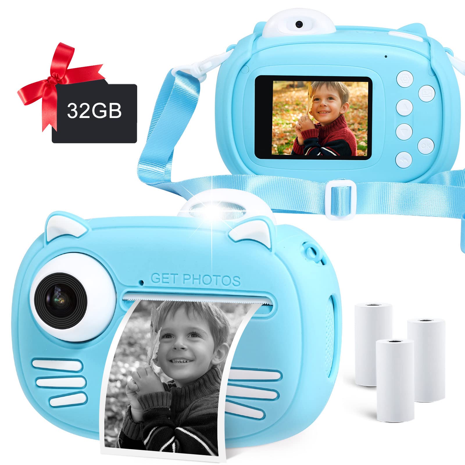 MINIBEAR Kids Instant Print Camera for Boys, 40MP Kids Digital Camera with Printing Paper, 2.4" Screen Selfie Video Camera, Child Toy Camera with 32GB TF Card (Blue)