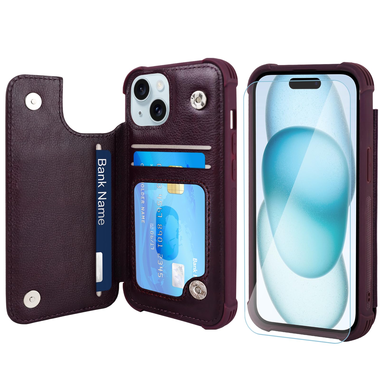 VANAVAGY Wallet Case Compatible for iPhone 15,Leather Flip Folio Shockproof Phone Cover Fit Magnetic Car Mount [Screen Protector Included] with Credit Card Holder for Apple 15, Purple
