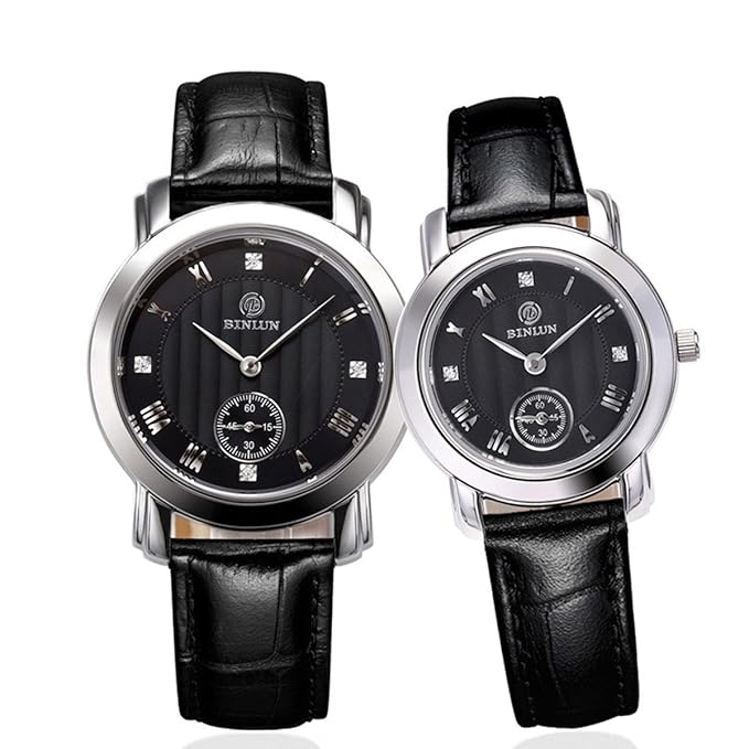 Binlun His & Hers Genuine Leather Band Japanese Quartz Couples Watch 2pcs/Set,Black Dial