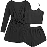 Ekouaer Pajamas for Women Set 3 Piece Lounge Set Soft Pajama Sets Waffle Knit Tank Top and Shorts Cardigan with Pockets S-XXL