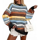 Saodimallsu Womens Striped Sweater Color Block Crew Neck Long Sleeve Fall Colorful Rainbow Knit Loose Pullover Top