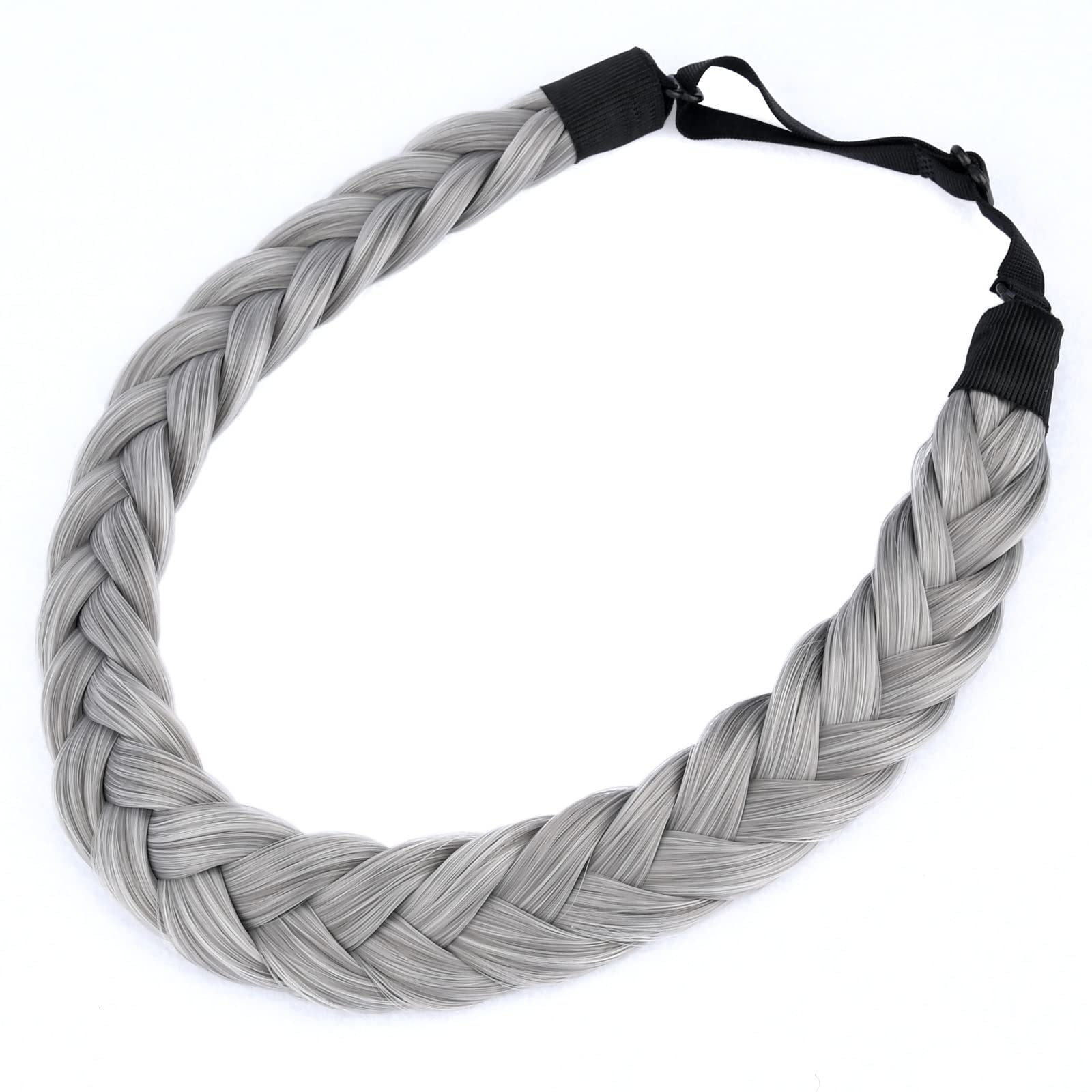 BOBIYA 2 Strand Synthetic Hair Braided Headband Classic Chunky Plaited Braids Elastic Stretch Hairpiece for Women Girl Beauty Accessory (Smoky Gray)