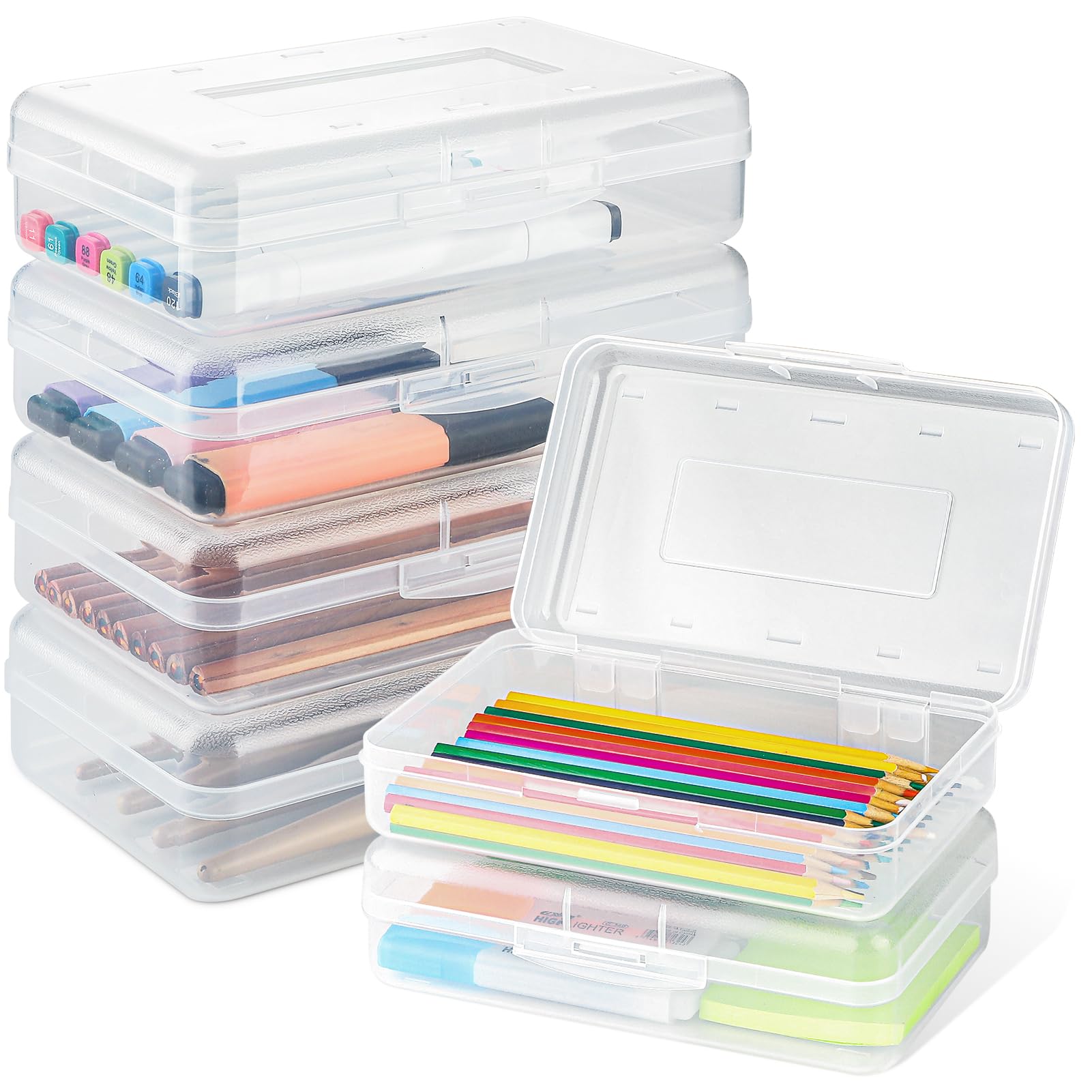 MaxGear 6 Pack Pencil Boxes, Large Capacity Hard Plastic Organizer Bulk with Snap-tight Lid, Stackable Clear Storage Boxes for School, Home & Office