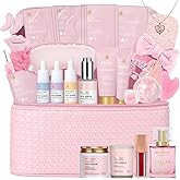 Rose Facial Skin Care Set, 33 Pcs Bath & Body Spa Basket for Women, Beauty Care Kit, Sheet Mask, Makeup Bag, Face Serum, Bath Bomb, Perfume, Christmas, Mother Day, Valentine's, Birthday, Baby Shower