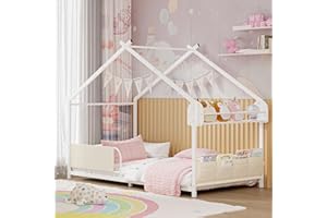 Timy House Shape Twin Size Montessori House Bed Metal Floor Bed with Storage Rack and Caddy Twin Bedframe for Kids No Box Spring Needed White
