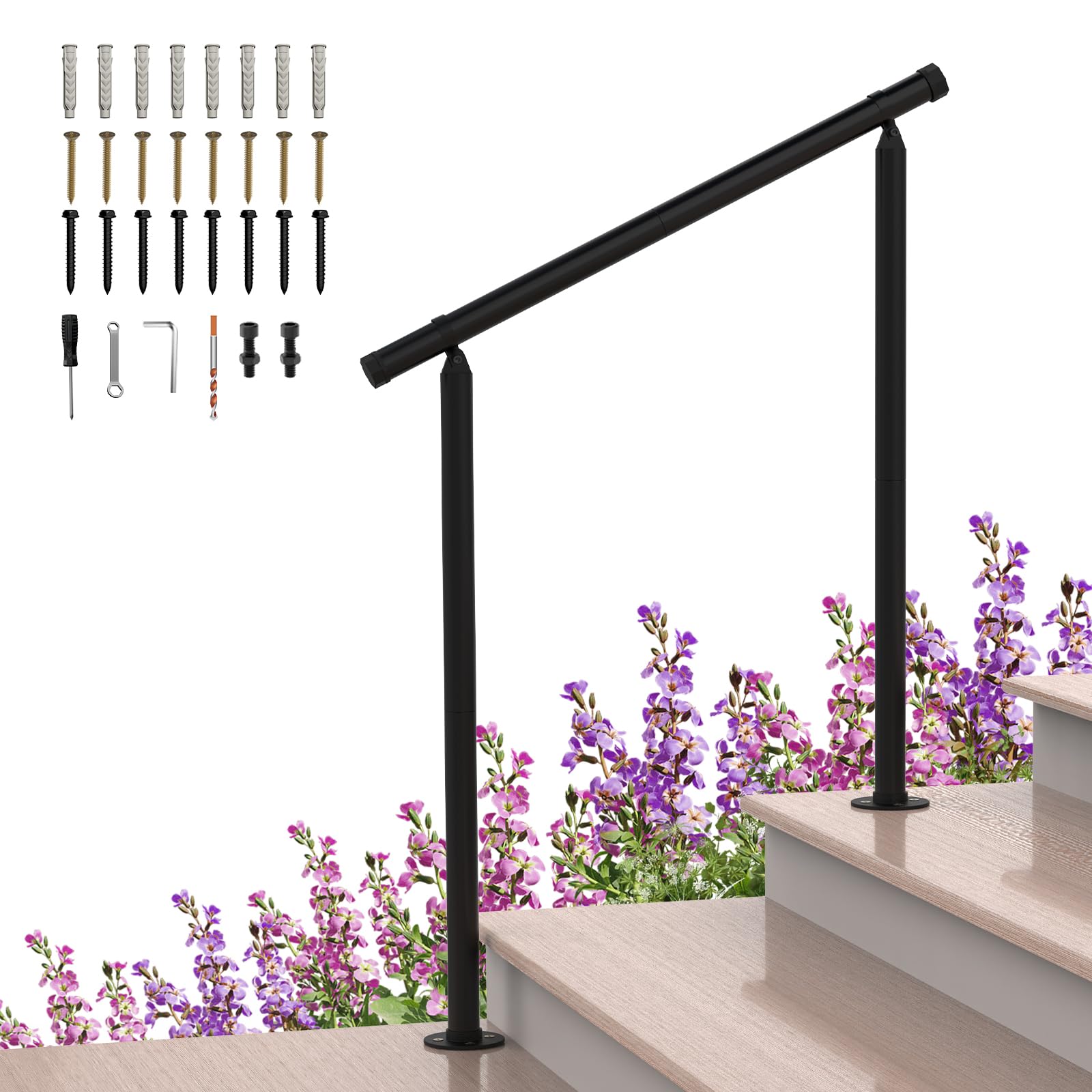Photo 1 of Shinoske Outdoor Handrail,Stair Handrail,Metal Handrails with Installation Kit for Concrete, Porch Steps,One-Step Assembly, Black, 1 Pack, Hand Rails for Outdoor Steps Fit 2 to 3 Steps