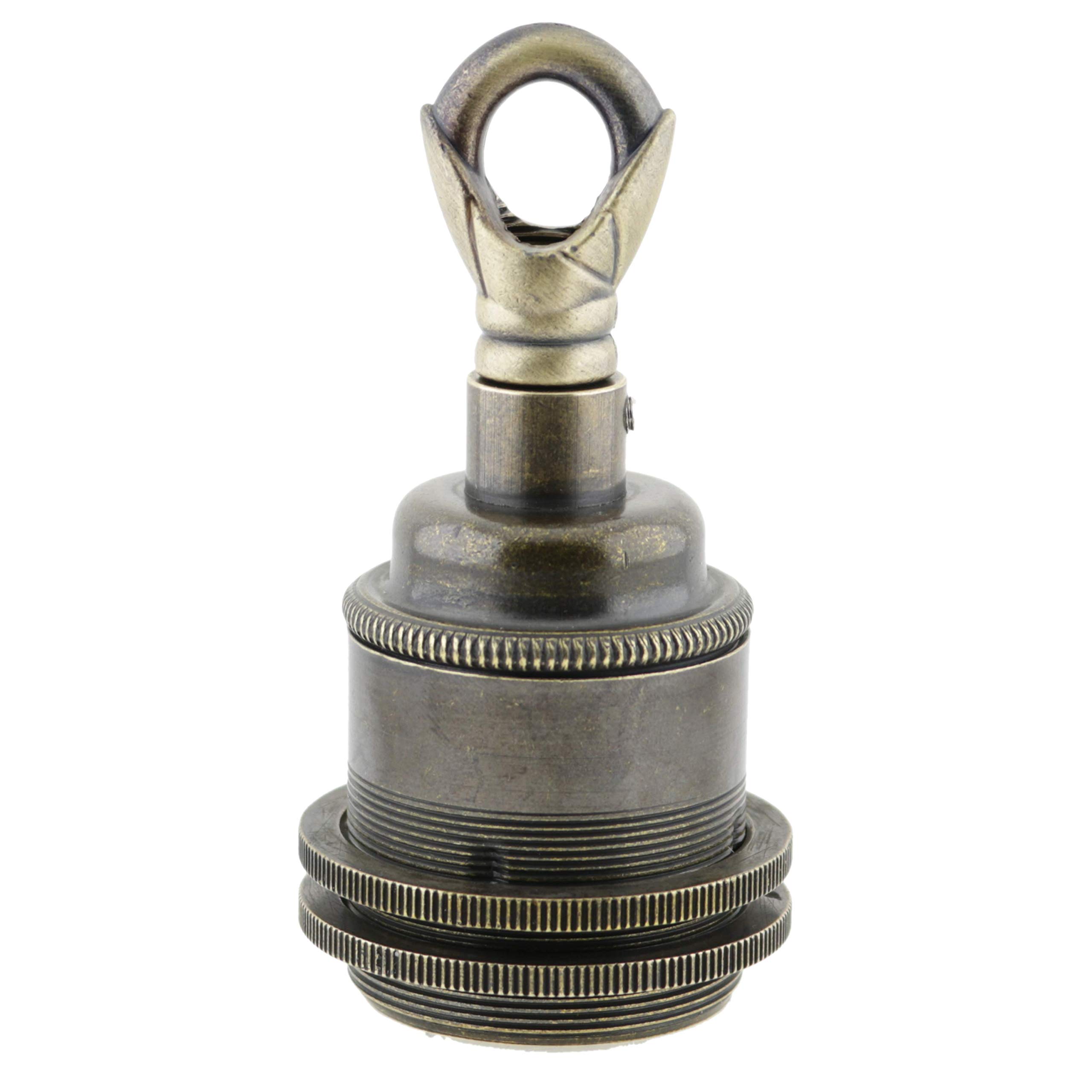 Edison Screw (E27) Solid Brass Earthed Lampholder in Antique Finish with 2 Shade Rings and Metal Loop
