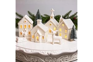 QULABLE Christmas Decorations Indoor - 9 Piece Christmas Village Sets with 4 Remote Control Lighted Ceramic Houses, 2 Trees, 2 Deer & Santa - Neutral White Farmhouse Holiday Decor for Home Table Room(White)