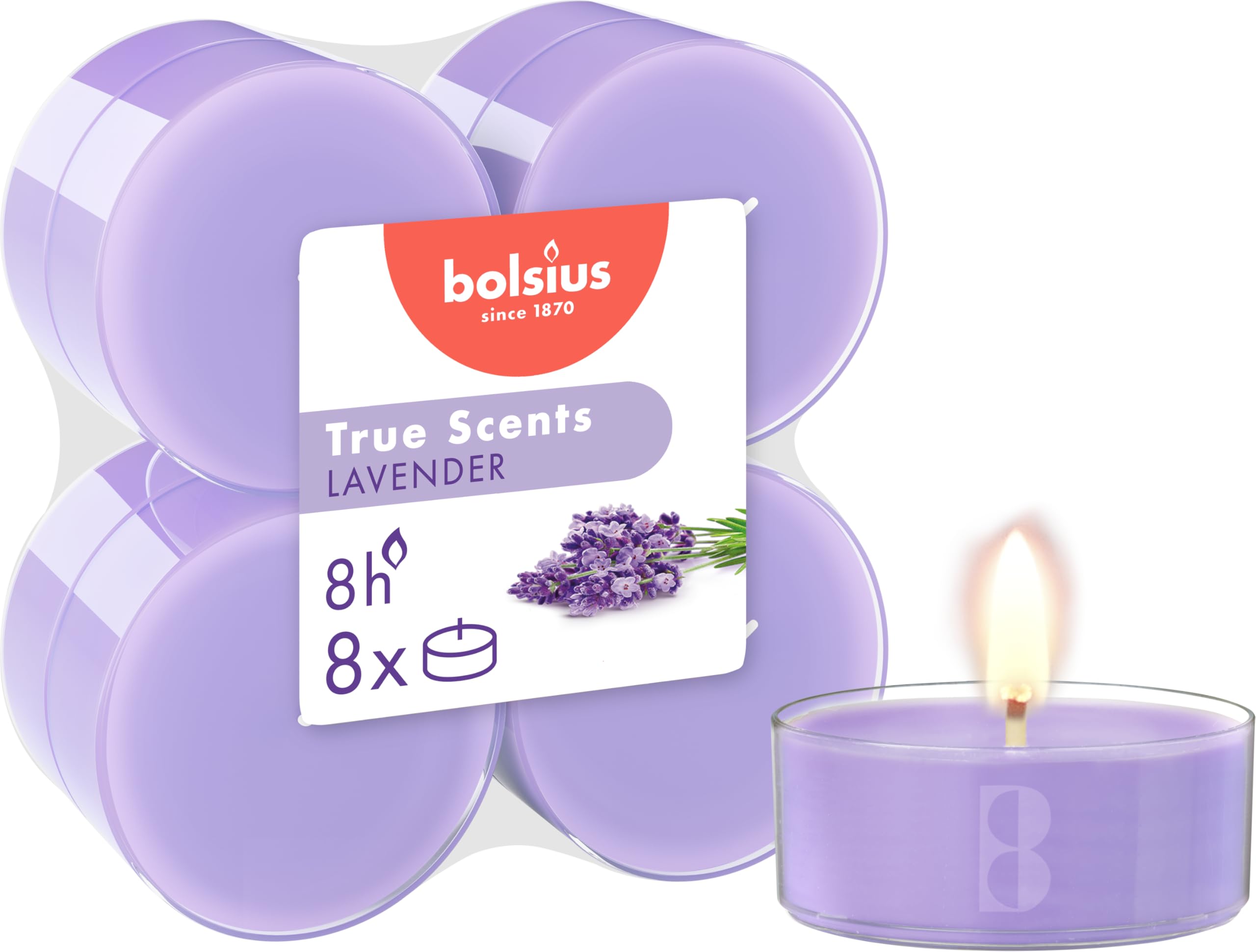 Bolsius - Maxi Fragrance Tealights - Lavender - Pack of 8 - Long Burning Time of 8 Hours - Household Candle - Interior Decoration - Natural Extracts - Vegan Wax - No Palm Oil