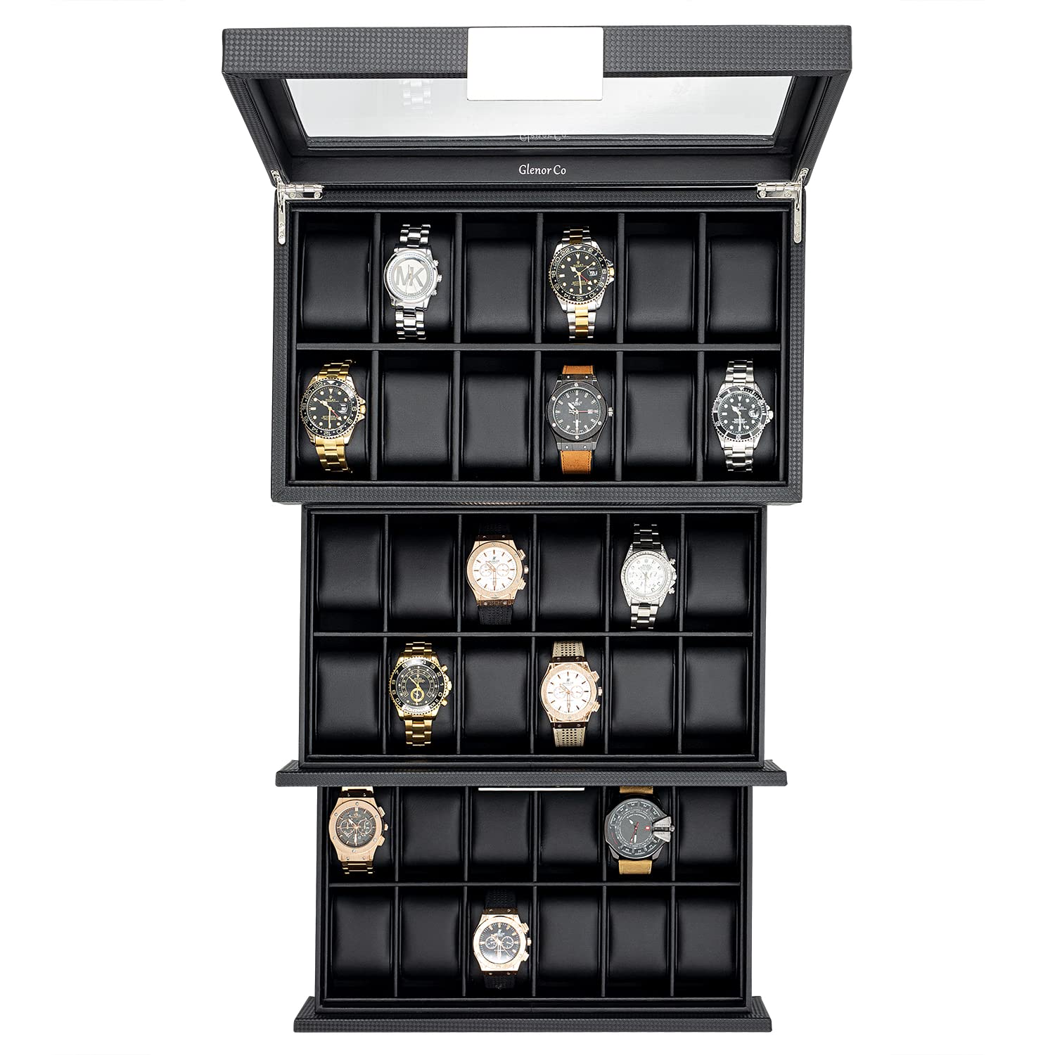 36 Slot Watch Box for Men - Mens Watch Case w Large Glass Lid, Luxury Carbon Fiber Design Mens Watch Box - Watch Holder for Men w Metal Accents & Sturdy Hinges, Watch Display Case Drawer &