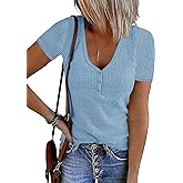 MEROKEETY Women's 2026 Summer Short Sleeve Tops Casual V Neck T Shirts Ribbed Knit Henley Button Basic Blouse