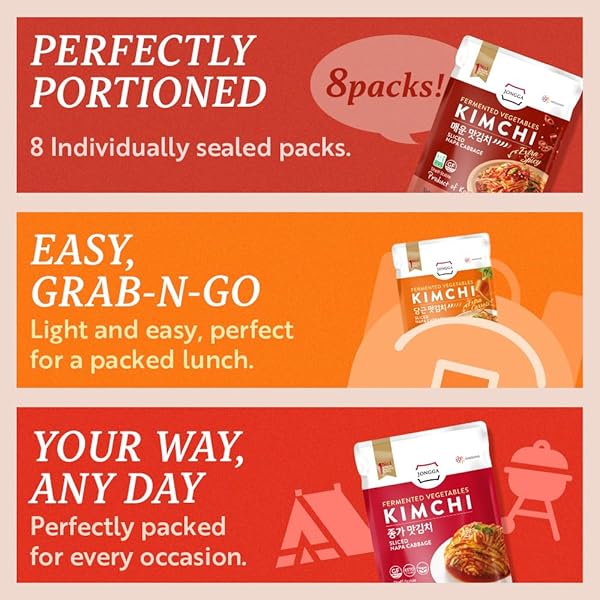 SPICY PREMIUM FERMENTED KIMCHI NAPA CABBAGE [ FUN SIZE POUCH PACK OF 8] – [ORIGINAL] – (GLUTEN FREE / KETO / VEGAN) | 0 FAT/ 0 SUGAR/ 0 CHOLESTEROL | LONG SHELF LIFE | PERFECT FOR RAMEN & STIR-FRIES – JONGGA