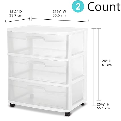 Amazon Com Sterilite 29308001 Wide 3 Drawer Cart White Frame