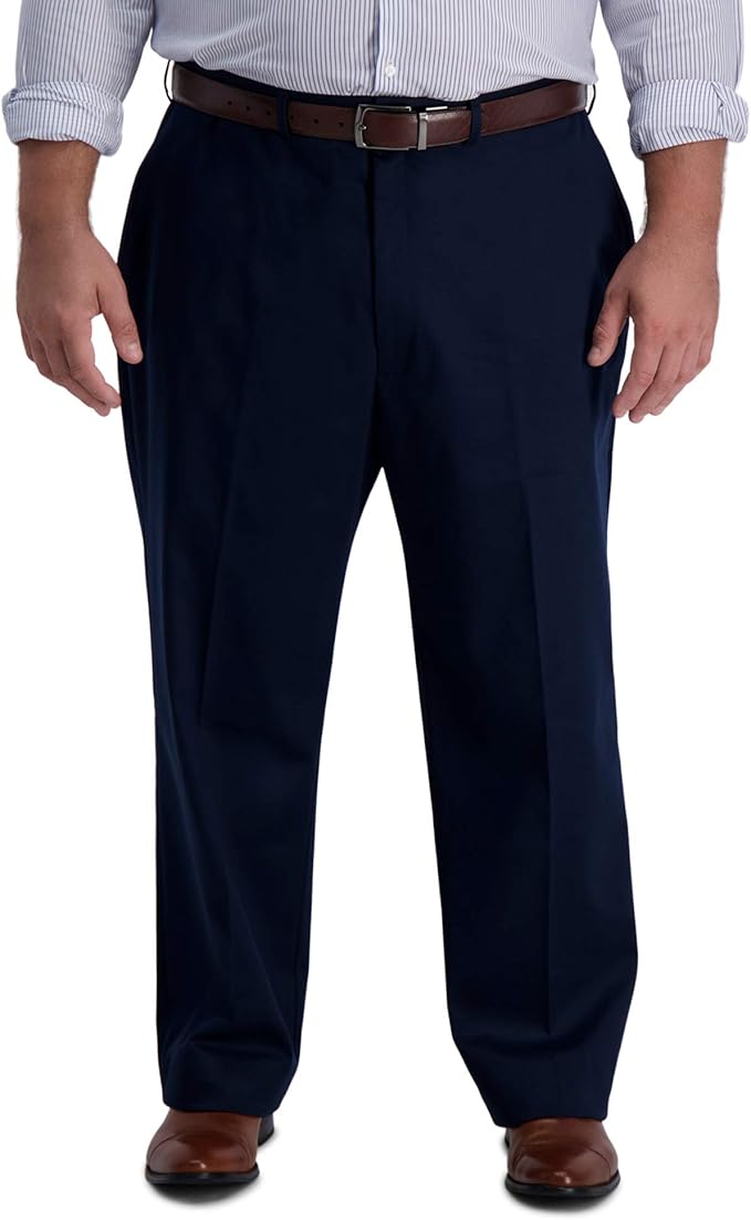 Haggar Men's B&T Iron Free Premium Khaki Classic Fit Flat Front Expandable Waist Pant, Dark Navy 