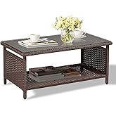 VINGLI Outdoor Wicker CoffeeTable Patio Coffee Tables for Outside, Tempered Glass Top Wicker Table with Storage Coffee Table for Patio Balcony Porch Deck (Brown)
