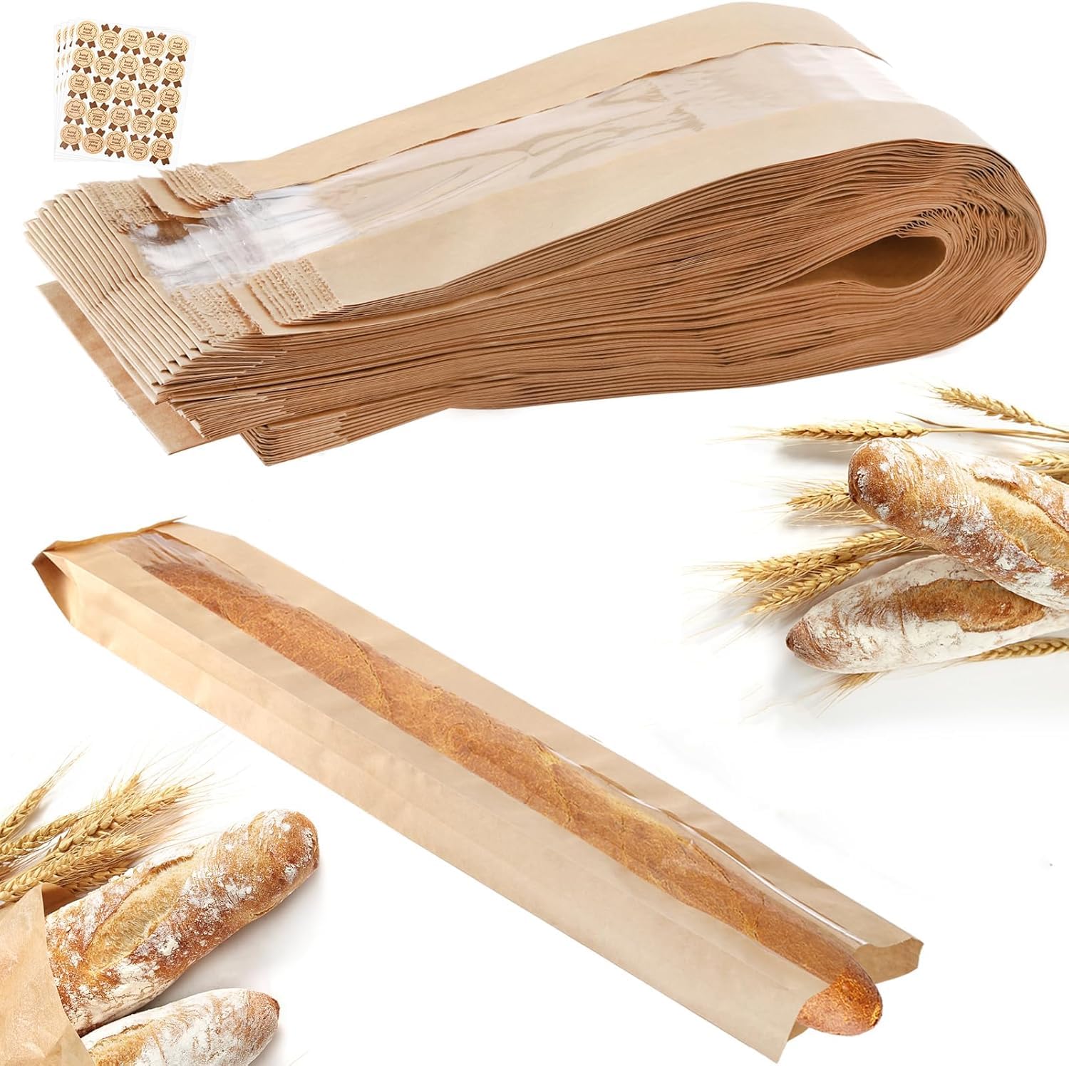 ZENFUN 100 Pack Baguette Kraft Bags with Clear Front Window and 100 Seal stickers, Fresh Breads Loaf Packing Bags, 23"x4"x1.6" Long Bread Kraft Paper Bakery Storage Bag