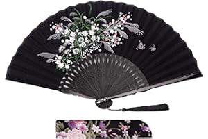 JOHOUSE Black Fabric Folding Hand Fan with Tassel and Pouch – Elegant Foldable Handheld Fan for Women, Wedding Fans for Guests, Chinese and Japanese Style Asian Gift for Party, Dance & Home Decoration