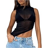 QJQ Women's Sheer Mesh Tank Tops Mock Neck Sleeveless Asymmetrical Hem Crop Top See Through Shirts