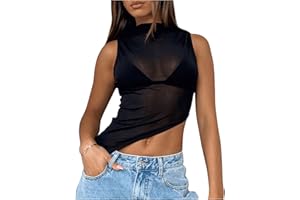 RoseSeek Women's Sheer Mesh Mock Neck Tank Tops Sleeveless Asymmetrical Hem Crop Tops Clubwear