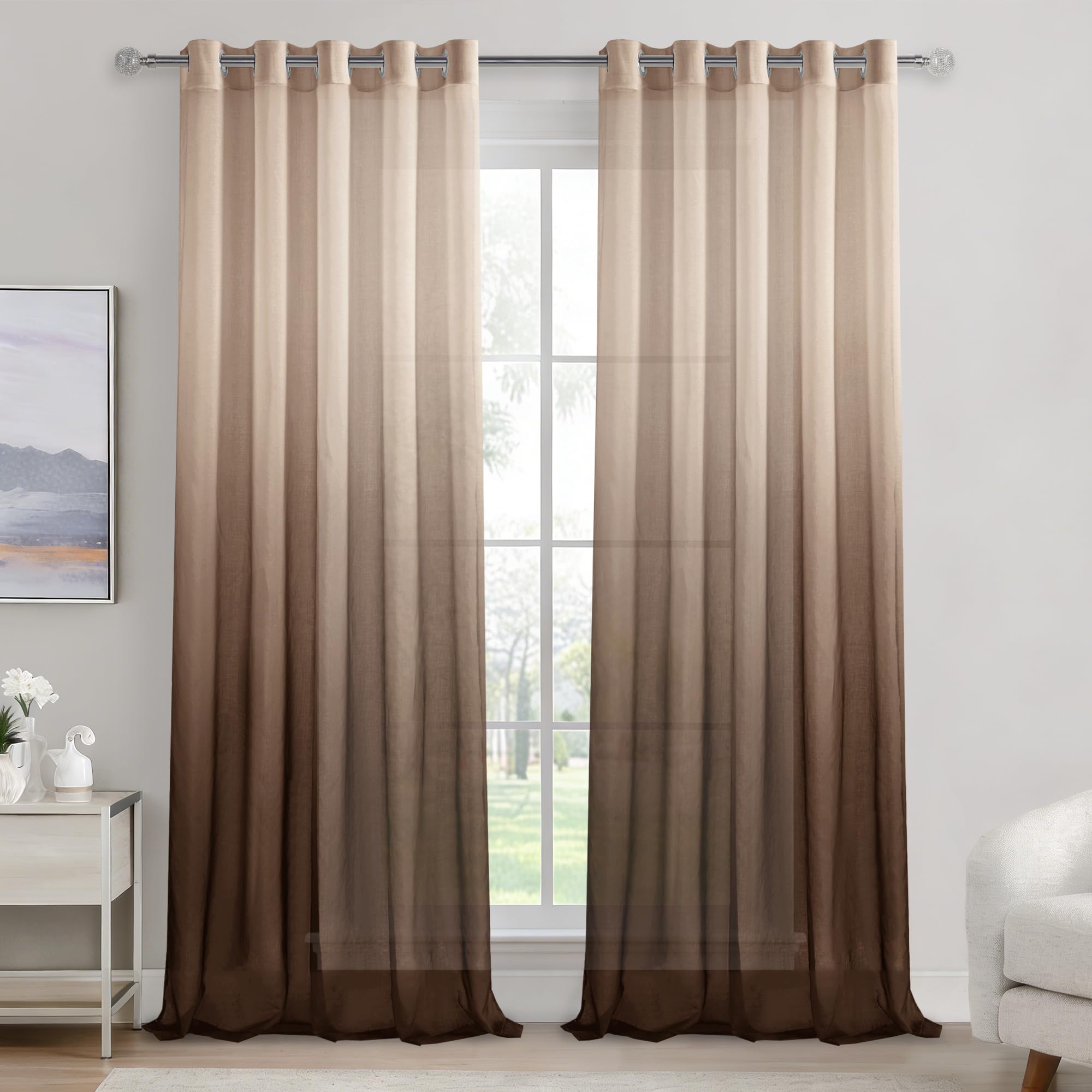DWCN Brown Gradient Curtains for Living Room Net Curtain Eyelet Voile Curtains 90 Drop Pair Sheer curtains for Bedroom Set of 2, 66 x 90 Inches