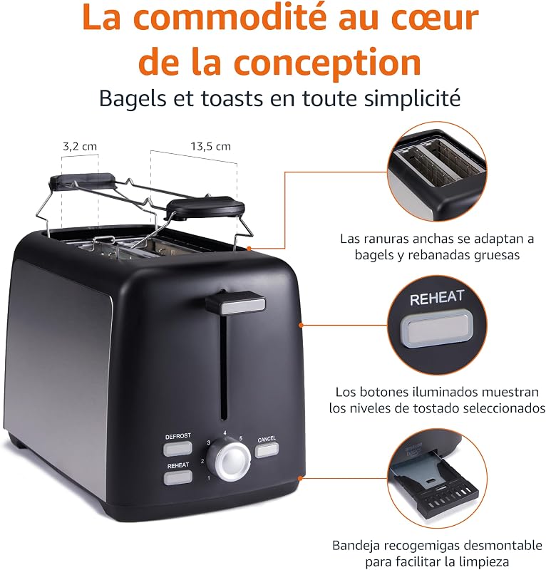 Grille-Pain 2 Tranches avec 7 Niveaux de Dorage et Tiroir Ramasse-miettes Amovible, Fentes Extra Larges, 800W, Noir — photo 3 sur 5