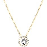 PAVOI 14K Gold Plated Post Faux Diamond Round Solitaire Pendant Halo Necklace | Gold Necklace for Women | Slider Adjustable