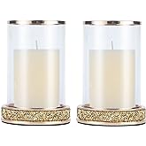 Pillar Candle Holders Set of 2,Hurricane Candle Holders,Candlesticks Holder With Glass Hurricane Lid,Metal Candle Holder For Coffee Dining Table, Wedding, Christmas, Home Decoration,Gold Candle Holder