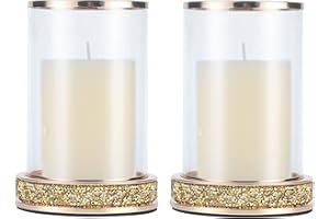 HANJUE Pillar Candle Holders Set of 2,Hurricane Candle Holders,Candlesticks Holder With Glass Hurricane Lid,Metal Candle Holder For Coffee Dining Table, Wedding, Christmas, Home Decoration,Gold Candle Holder
