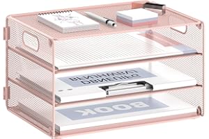 DALTACK 3 Tier Letter Tray Paper Organizer with Handle, Mesh Desk File Organizer, Paper Tray Desk Organizer for School Office Home, Metal Mesh, Pink