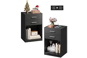 WLIVE Nightstand Set of 2 with Charging Station, Wood Night Stand Sets with 2 Drawers and Open Shelf, Bed Side Tables Bedroom, Living Room, Black