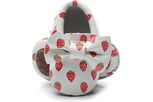 HONGTEYA Baby Moccasins with Rubber Sole&Soft Sole - Flower Print PU Leather Tassel Bow Girls Ballet Dress Shoes for Toddler