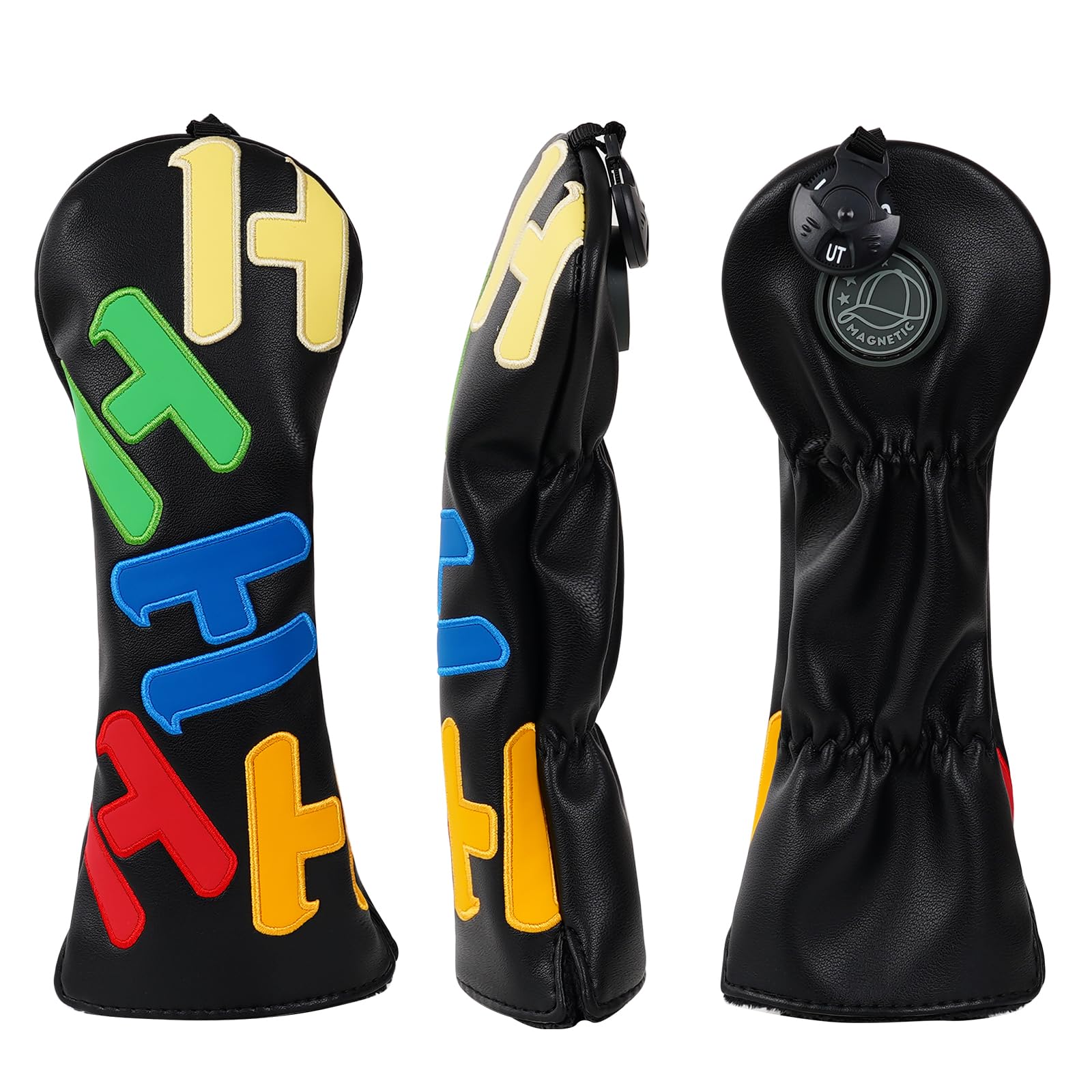 Golf Club Head cover Hybrid Utility Rescue with Interchangeable Number Tag 23456 UT Elastic Closure Black PU Leather Multicolored Text
