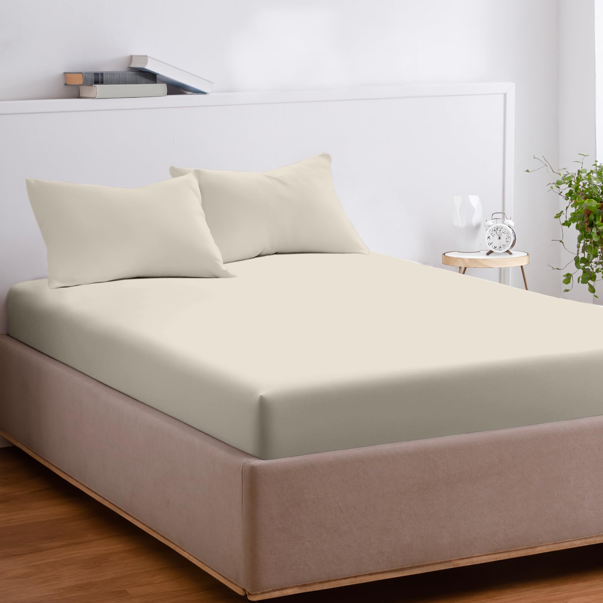 EKOSCIOUS 100% Tencel Lyocell Eucalyptus Sateen Soft Solid, Double Size, 18'' Deep Pocket Fitted Bed Sheet, Ivory - Breathable, Cool & Softer