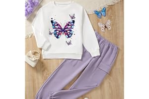 Butterfly Print Girls 2-Piece Set, White Pullover & Purple Joggers Pants Outfit for Girls 8-12 Years