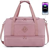 WANDF Travel Duffel Bag with Wet Pocket & Shoe Compartment, 18x14x8 Personal Item Bag with USB Charging Port, Water-Resistant Gym Weekender Overnight Carry-on for Women Men (Pink)