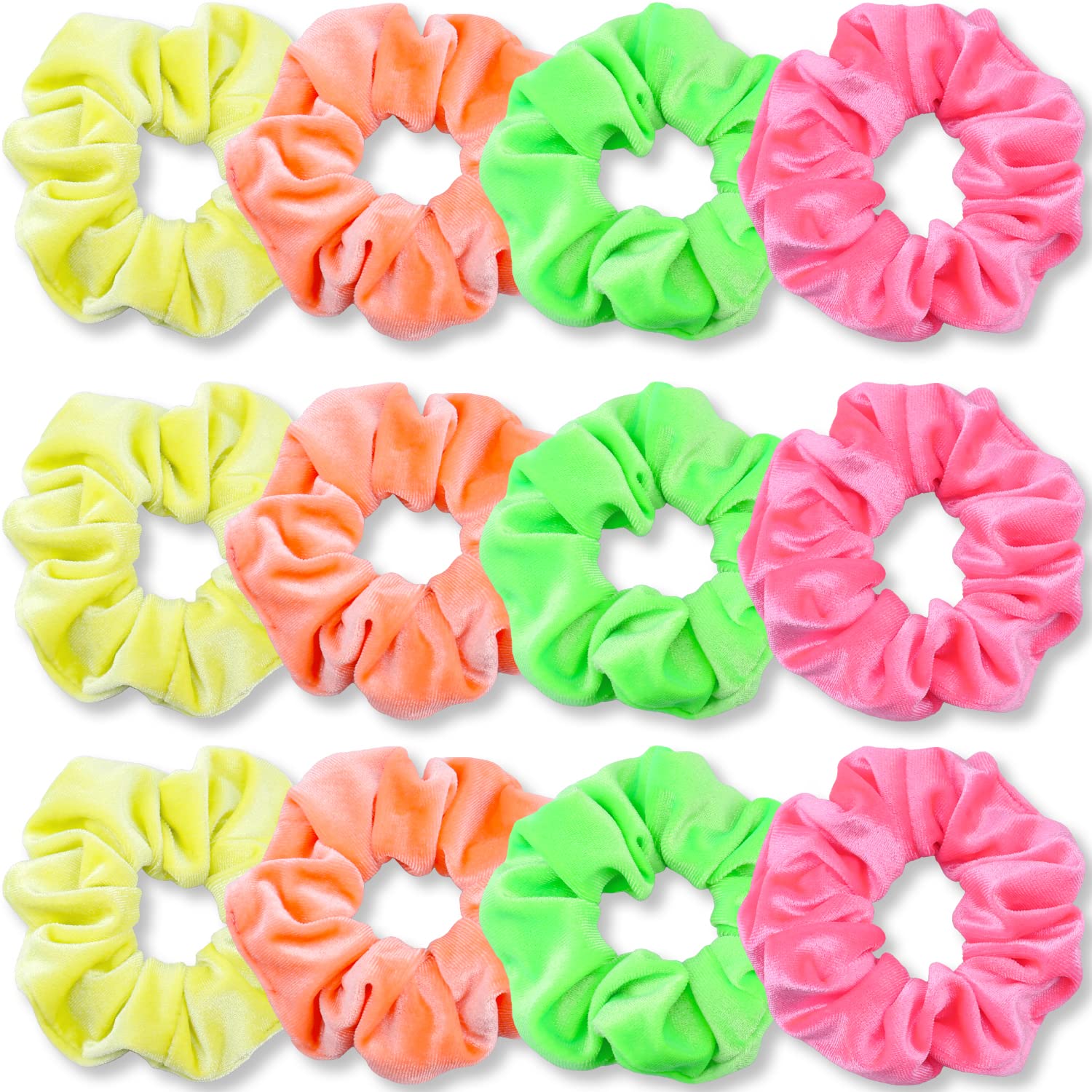 VENUSTE Neon Scrunchies for Girls 80s, Premium Velvet Scrunchy for Hair, Cute Elastic Bands, Soft Ropes Ponytail Holder Hair Accessories, 12 Pack